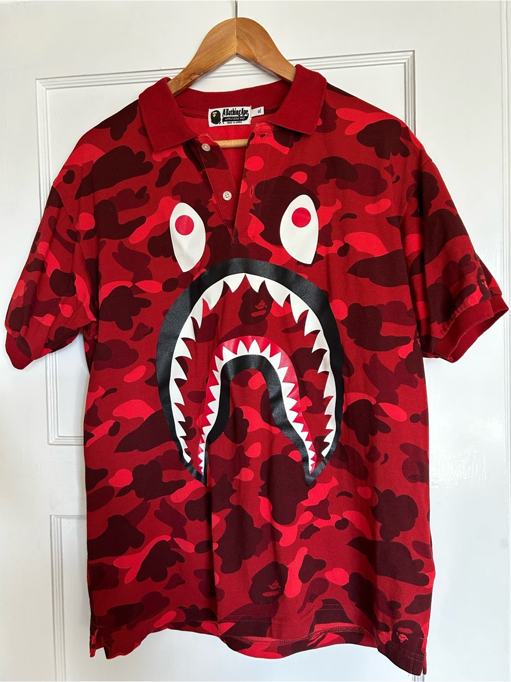 A Bathing Ape BAPE Red Color Camo Shark Face Polo Shirt XL - Taipei Release